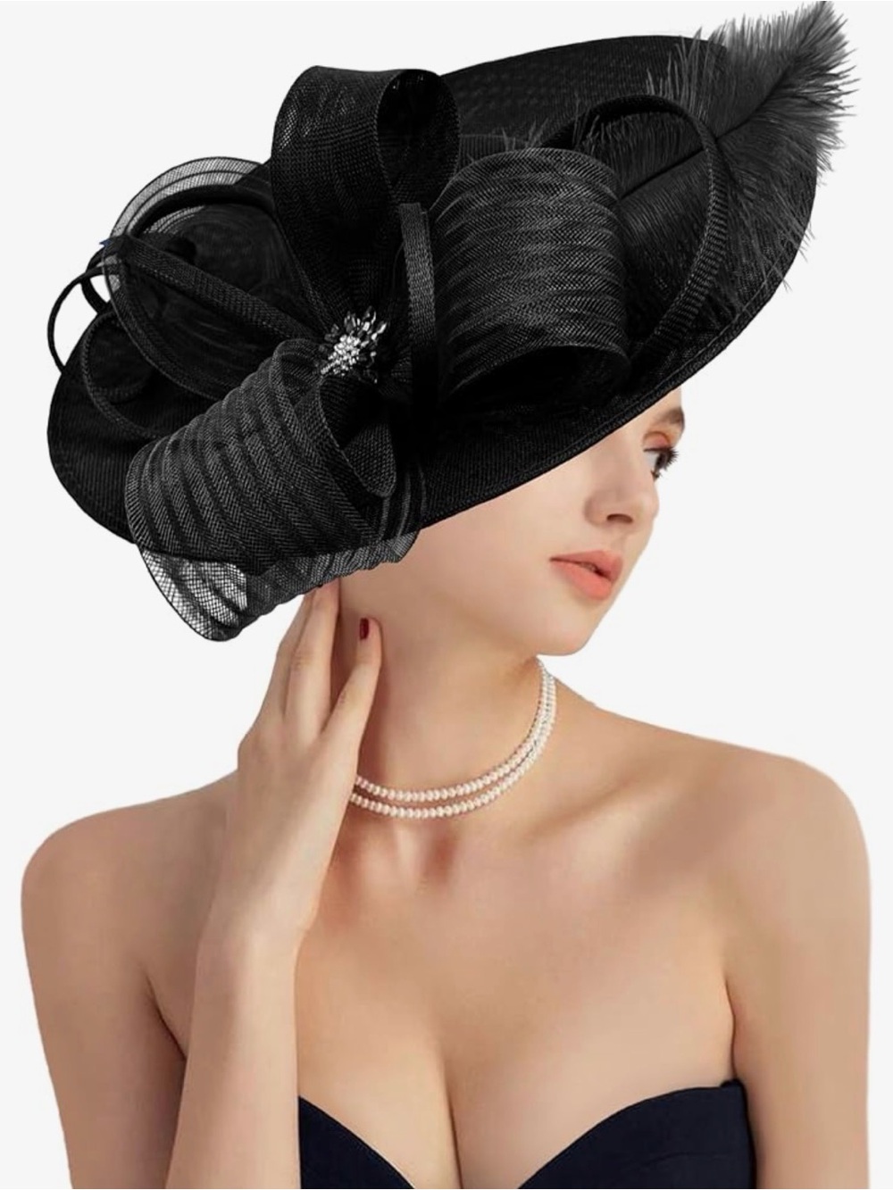 Elegant Black Ladies Wide-Brim Feathered Fascinator Hat Derby Church